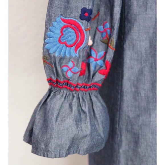 Max Studio 100% Cotton Floral Embroidered Off Shoulder Denim Chambray Dress M - Picture 7 of 15